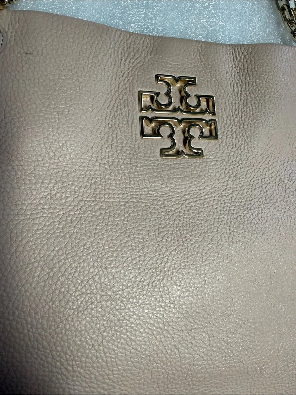 Tory Burch Blush Pink Pebbled Leather Chain Shoulder Tote Bag Gold Logo